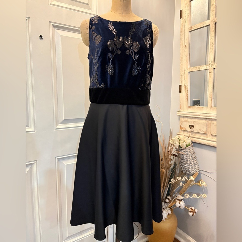 Navy Blue Velvet Sequin Floral Fit and Flare Cocktail Dress Black Satin Skirt M